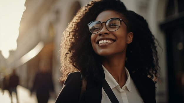 Imprenditrice che si prende una pausa dal lavoro uscendo per aria fresca sorridente Immagine generativa AI