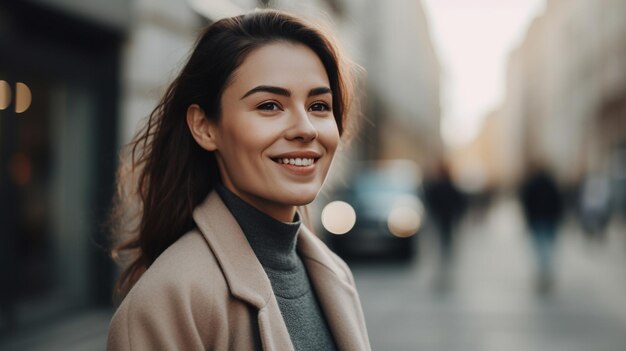 Imprenditrice che si prende una pausa dal lavoro uscendo per aria fresca sorridente Immagine generativa AI