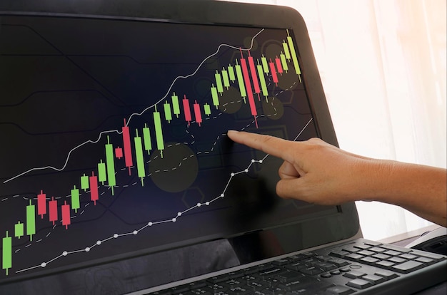 Imprenditrice controllo di un grafico del mercato azionario sullo schermo di un computer