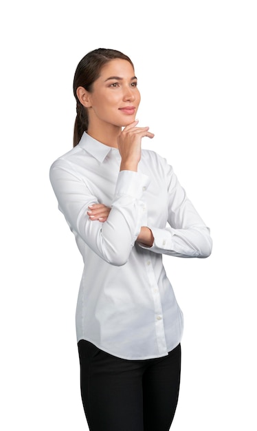 Imprenditrice in camicia bianca pensando isolato su sfondo bianco