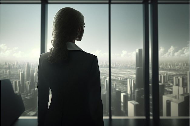 Imprenditrice in giacca e cravatta a metà degli anni Trenta che osserva la città dal 104° piano di un grattacielo, vediamo solo la sua schiena