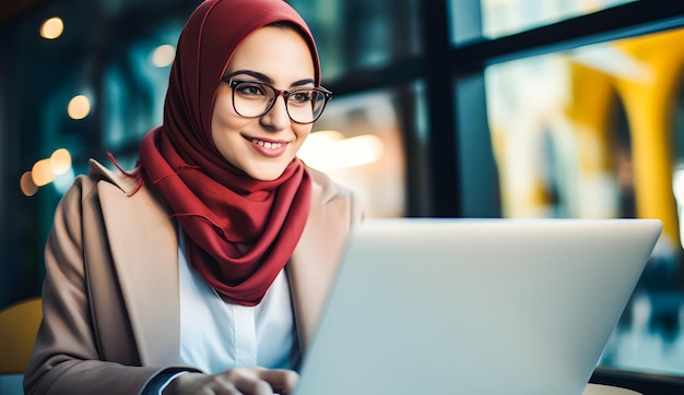 Imprenditrice musulmana che lavora al portatile in un caffè Giovane uomo d'affari musulmano che indossa occhiali