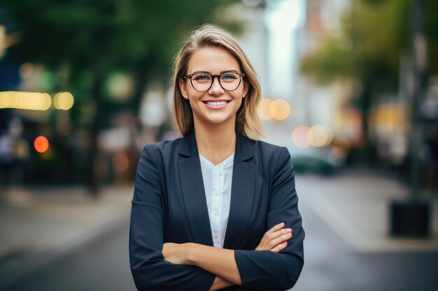 Imprenditrice positiva della donna d'affari in piedi all'aperto sulla strada IA generativa