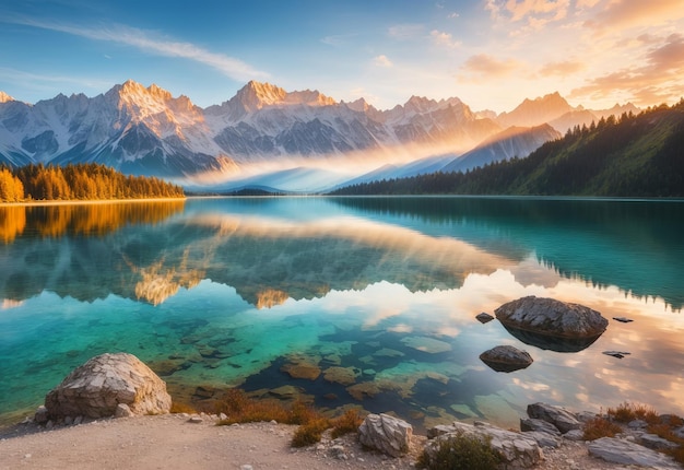 Impressionante alba estiva sul lago Eibsee con Z