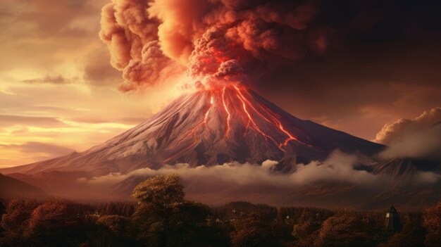 Impressionante eruzione di un vulcano fotorealistico in natura in risoluzione 8k