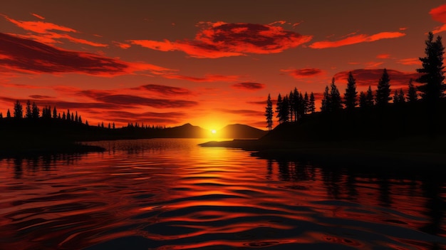 Impressionante fiume al tramonto con cieli Daz3d ad alta risoluzione con bagliore rosso