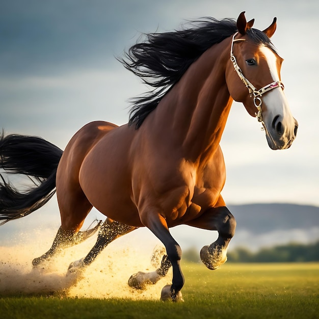 Impressionante immagine di un cavallo in movimento sulla tecnologia dell'AI generativa dell'erba