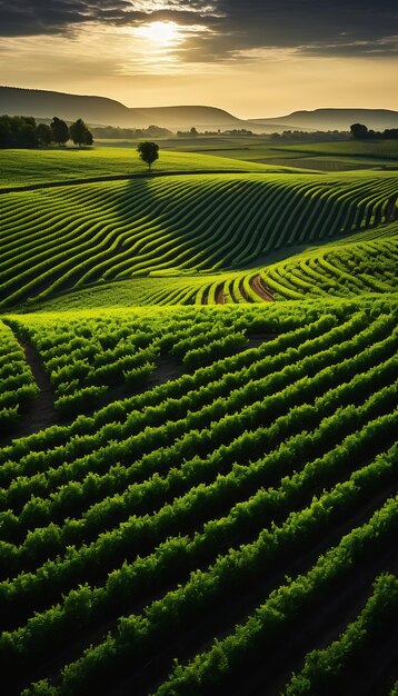 Impressionante primo piano dei raccolti con il sole sullo sfondo