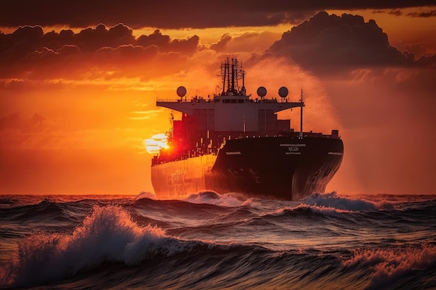 Impressionante scena del tramonto con una nave da carico