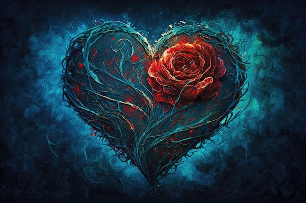 Impressionismo sfondo blu con disegno cuore rosa rossa