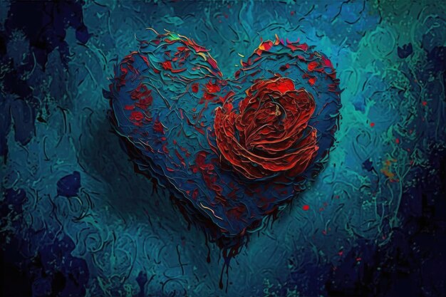Impressionismo sfondo blu con disegno cuore rosa rossa