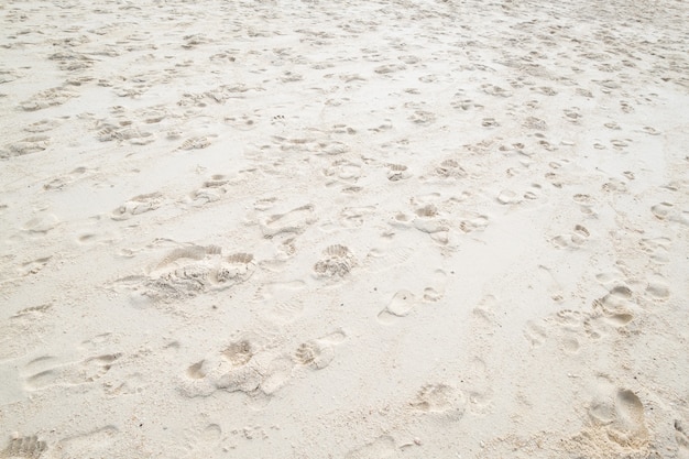 Impronta sulla sabbia bianca in spiaggia nel tramonto