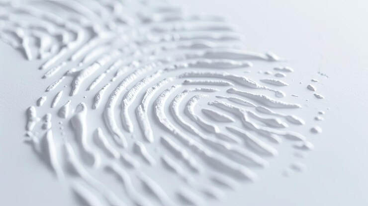 Impronte digitali bianche macro colpo dettaglio identificazione di sicurezza biometria forense indagine criminale prove uniche concetto astratto scansione di impronte tattili indagine detective colpevole sospetto ladro