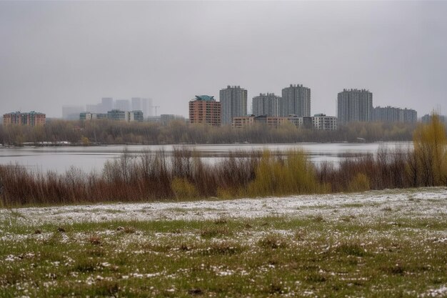 Improvvisa e inaspettata ondata di freddo all'inizio della primavera clima freddo tempo viziato neve vento freddo mattutino gelo città e strade vuote paesaggi innevati cupa desolazione