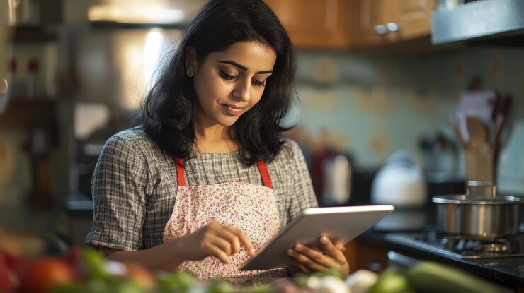 In a warm kitchen a woman in an apron enjoys discovering new recipes on her tablet