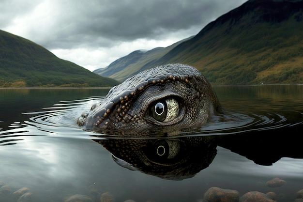 In agguato nell'acqua Mostro di Loch Ness sullo sfondo di paesaggi scozzesi