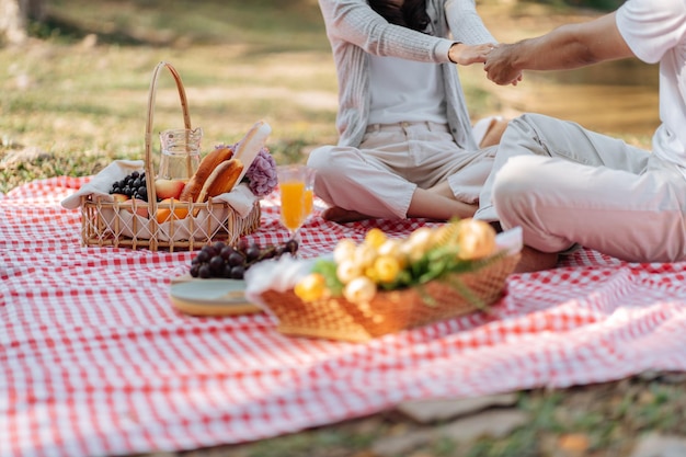 In amore coppia godendo tempo pic-nic nel parco all'aperto Picnic coppia felice rilassante insieme al cestino da picnic