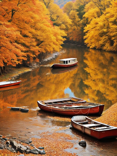 in autunno cade un fiume alcune barche senza esseri umani e animali