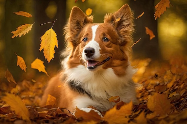 In autunno un giovane cane Border Collie rosso gioca con le foglie