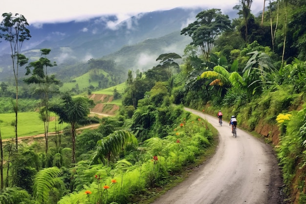 In bicicletta in Colombia Sud America Ciclista in America Latina Foresta di palme natura e paesaggio dell'Ecuador Generativo Ai