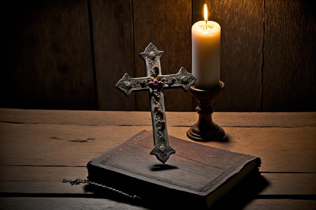 In cima a un antico tavolo in legno di quercia c'è una croce con una Bibbia e una candela