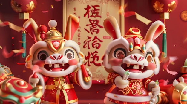 In cima c'è un rotolo con benedizioni cinesi scritte in scrittura cinese sullo sfondo ci sono conigli vestiti in costumi tradizionali che eseguono danze di leone