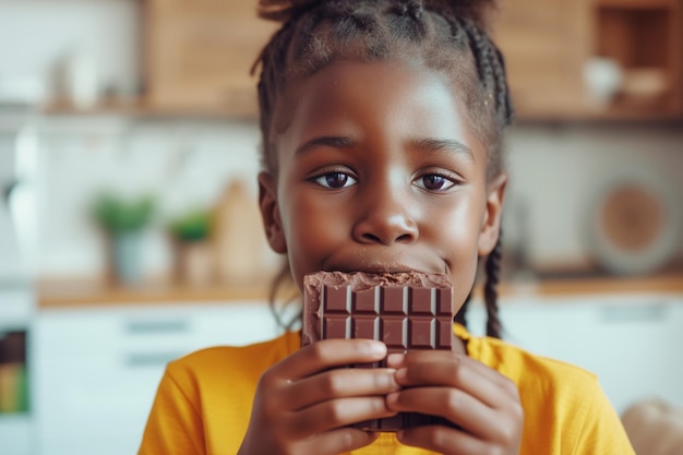 In cucina, a casa, un'adorabile ragazza afroamericana si gode una barretta di cioccolato.