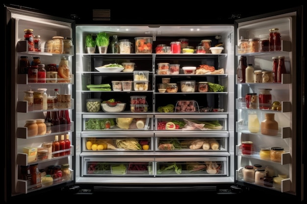 In cucina un frigorifero aperto è pieno di generi alimentari