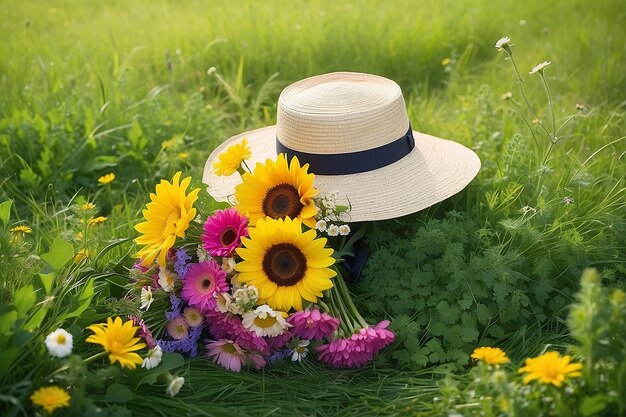 In estate un cappello e un bouquet di fiori giacciono sull'erba verde del prato