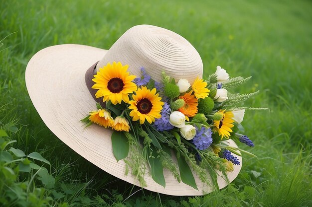 In estate un cappello e un bouquet di fiori giacciono sull'erba verde del prato