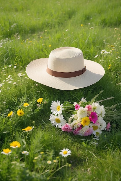 In estate un cappello e un bouquet di fiori giacciono sull'erba verde del prato