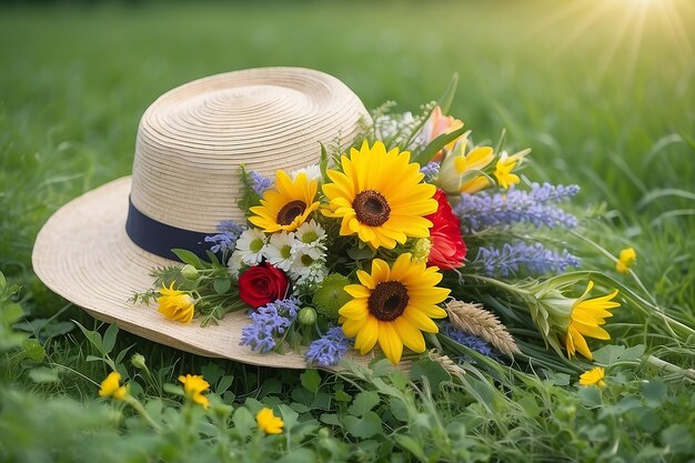 In estate un cappello e un bouquet di fiori giacciono sull'erba verde del prato