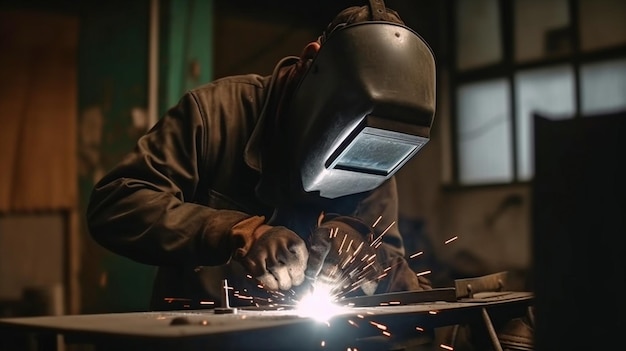 In fabbrica l'acciaio inossidabile è saldabile da abili saldatori Metal Welder on Construction Site Generative AI