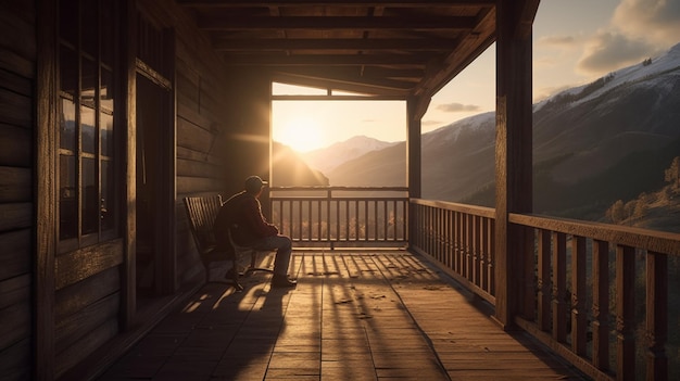 In fuga verso le montagne Un uomo si siede su un portico di legno al tramonto