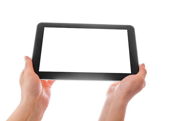 In gadget touch-screen di computer tablet mani umane con isolato