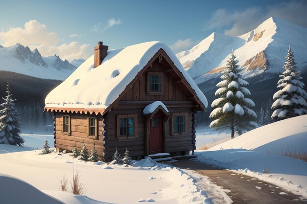 In inverno il tetto della casa in legno ai piedi delle montagne innevate è coperto da una fitta neve