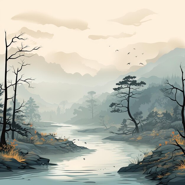In lontananza un fiume nebbioso con alberi e acqua IA generativa