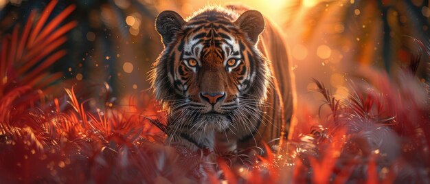 In mezzo a una giungla con palme una tigre e un tramonto fantastico sono raffigurati banner panoramico esotico e panthera tigris sono mostrati spettacolare luce solare calda cielo drammatico rosso nuvoloso