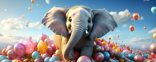 In mezzo a uno sfondo pieno di palloncini un elefante stupendo raggi di felicità