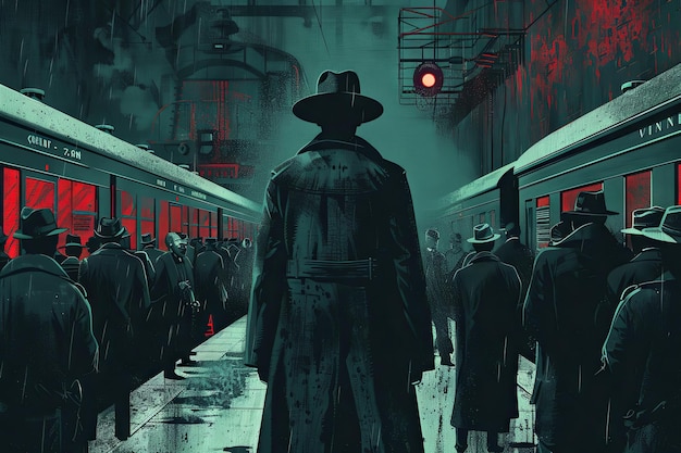 In mezzo al caos di una trafficata stazione ferroviaria una figura misteriosa con un trench coat si fonde nella folla mantenendo un occhio vigile sui passeggeri ignari illustrazione