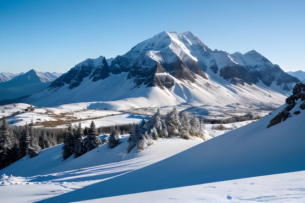 In mezzo al cielo azzurro si innalzano maestose cime un arazzo panoramico di splendore di montagna