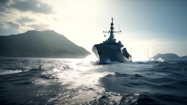 In mezzo all'oceano una nave navale ad alta velocità delle forze speciali dell'elite militare che navigano velocemente