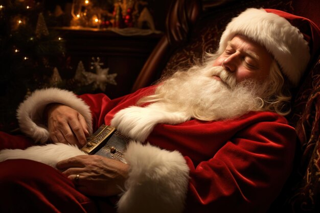 In mezzo allo spirito natalizio Babbo Natale si addormenta pacificamente sotto l'albero natalizio festivo