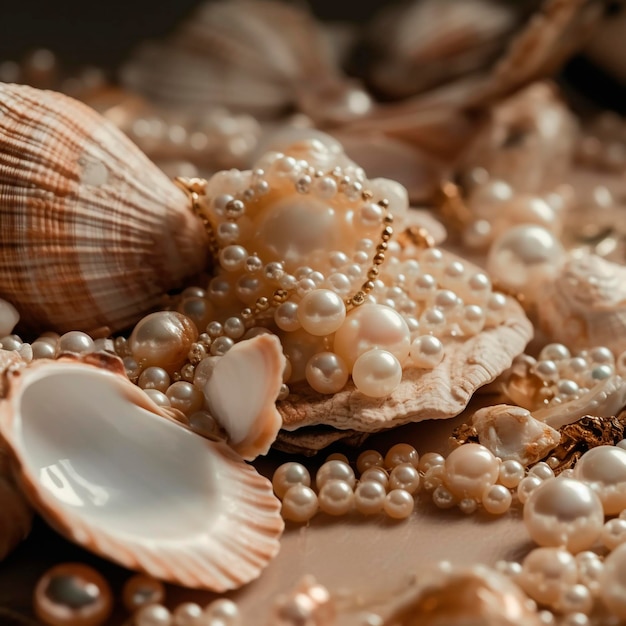 In mostra una collezione di conchiglie e perle.