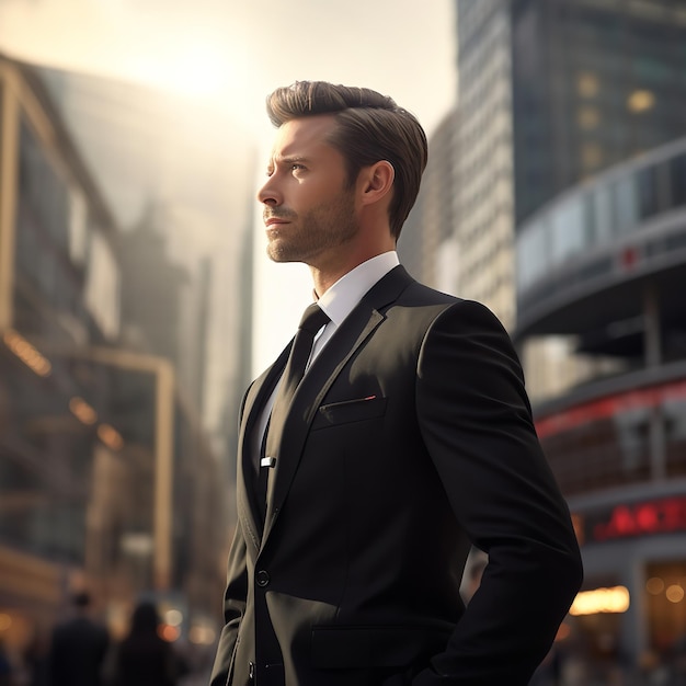 In piedi e in attesa uomo d'affari in abito nero sulla città Ai generativa