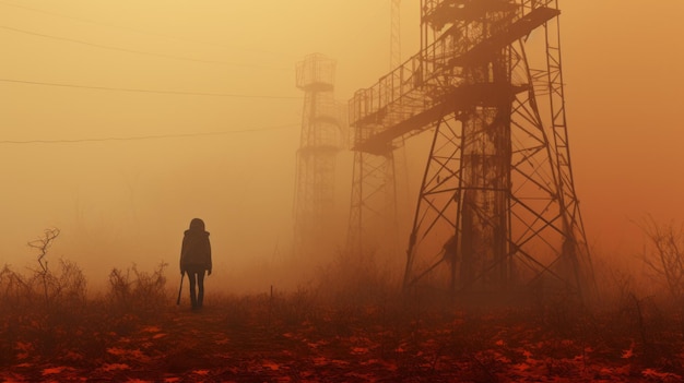 In piedi nella nebbia della ruggine Paesaggio postapocalittico con torre