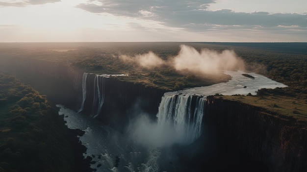 In piedi sul bordo delle Cascate Vittoria in Africa si è testimoni dell'incredibile forza della natura mentre il possente fiume Zambesi si tuffa nell'abisso Generato dall'IA