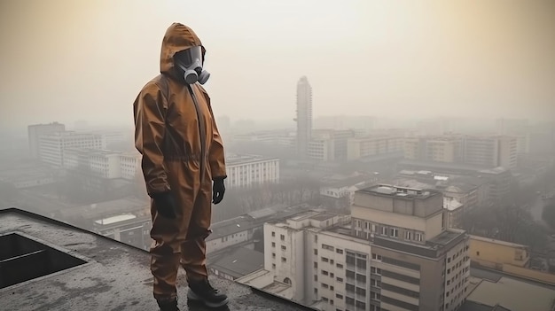 In piedi sul tetto di un alto edificio nella foschia iniziale uno scienziato con equipaggiamento protettivo e maschera antigas considera importanti questioni ambientali e il loro impatto sulla vita delle persone