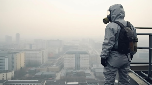 In piedi sul tetto di un alto edificio nella foschia iniziale uno scienziato con equipaggiamento protettivo e maschera antigas considera importanti questioni ambientali e il loro impatto sulla vita delle persone