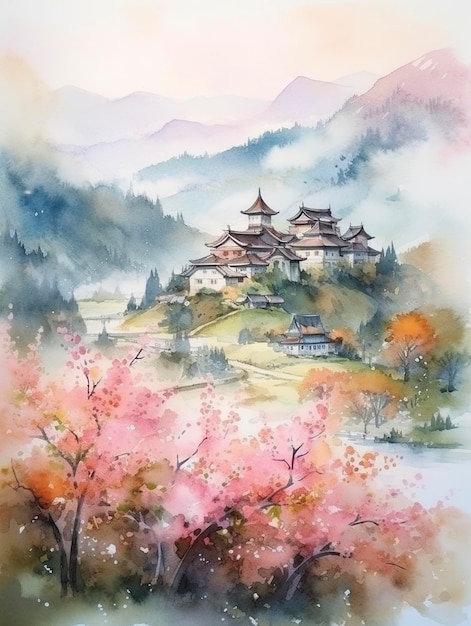 In primavera peschi rosa montagne verdi edifici antichi poche rondini molto spazio bianco nebbia colori freschi e luminosi Illustrazione per bambini ad acquerello generata ai